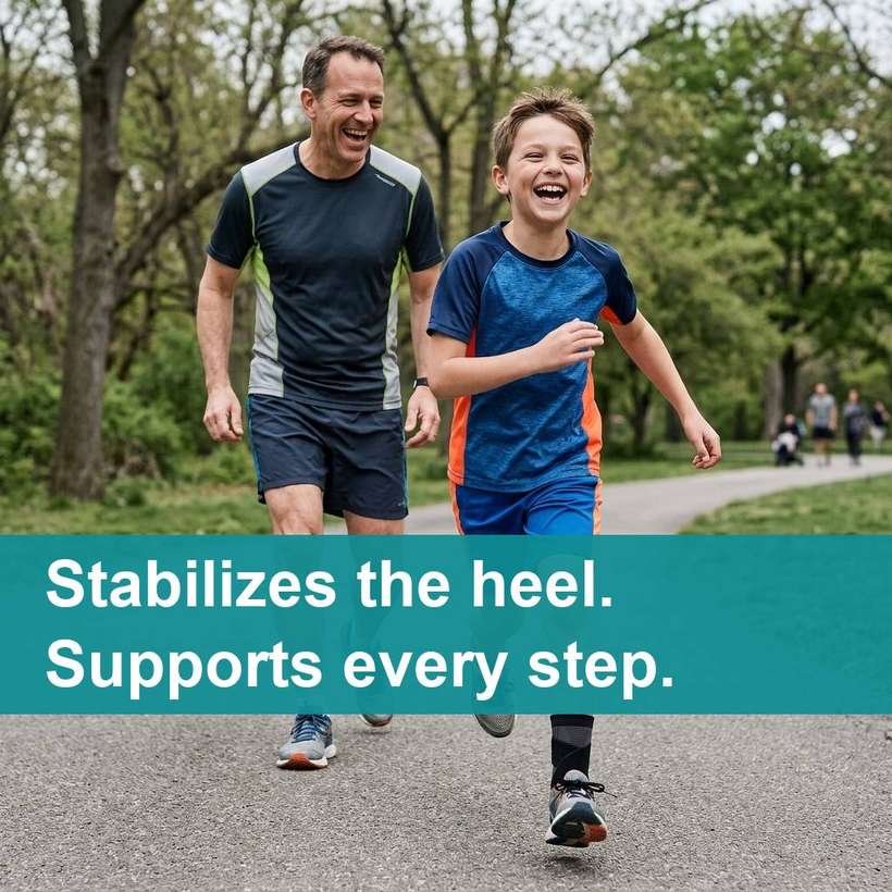 Boy running pain-free with his dad — stabilizes the heel, supports every step